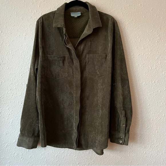 Skies Are Blue Tops - Skies are Blue Corduroy Button Up Shirt Jacket Olive Green Size Medium